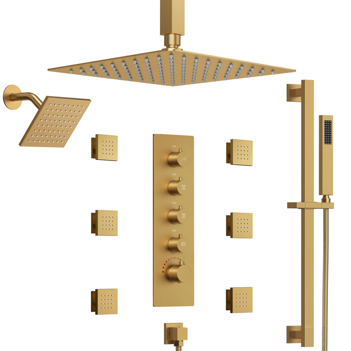 Ceiling Mount 16" High-Pressure Rainfall Shower Faucet, Dual Rainfall Shower Head System with Thermostatic Valve SFS-1031-GD16 - Brushed Glod