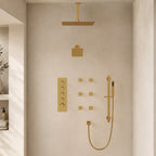 Ceiling Mount 16" High-Pressure Rainfall Shower Faucet, Dual Rainfall Shower Head System with Thermostatic Valve SFS-1031-GD16 - Brushed Glod