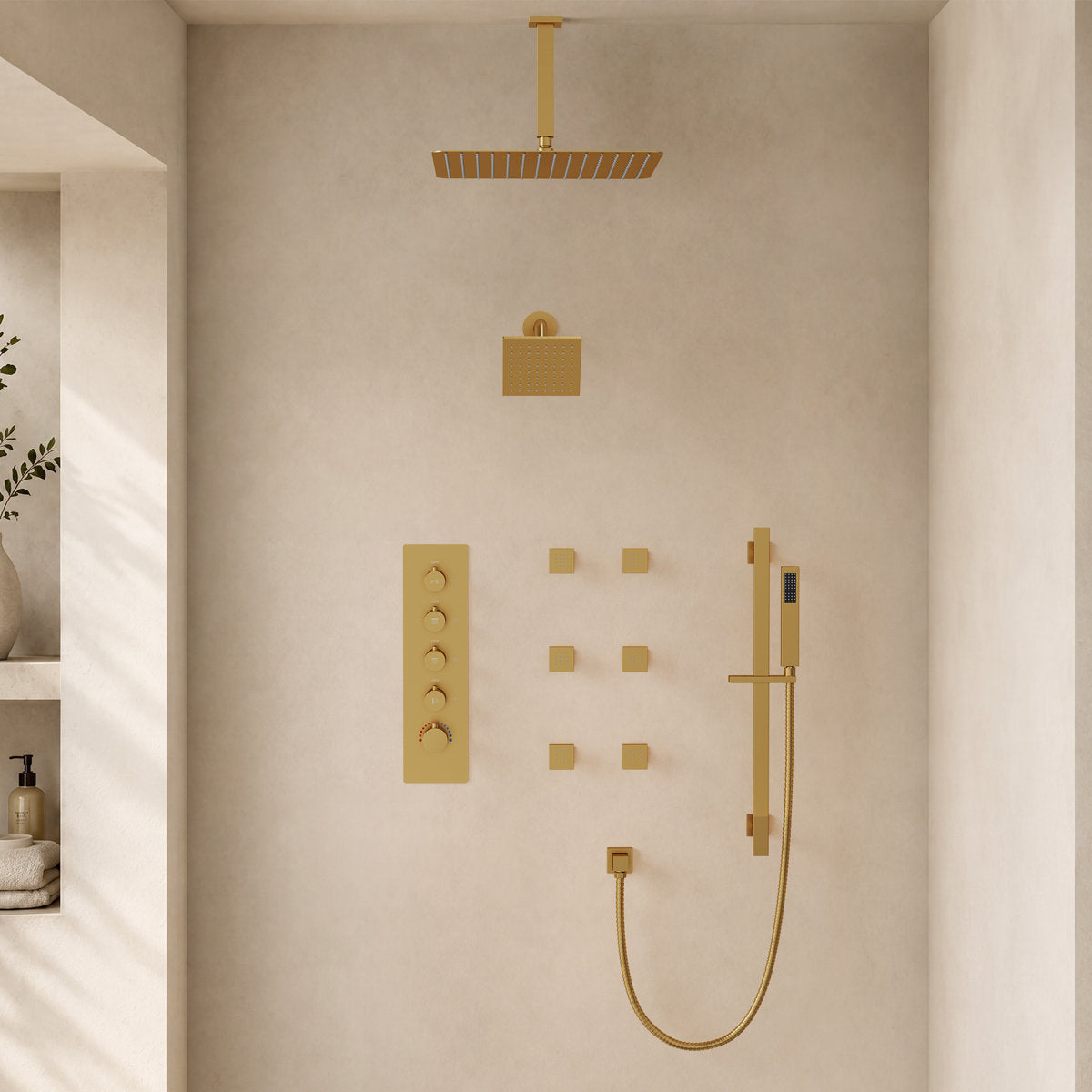 Ceiling Mount 16" High-Pressure Rainfall Shower Faucet, Dual Rainfall Shower Head System with Thermostatic Valve SFS-1031-GD16 - Brushed Glod