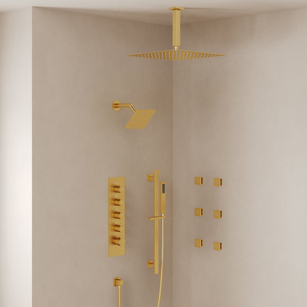 Ceiling Mount 16" High-Pressure Rainfall Shower Faucet, Dual Rainfall Shower Head System with Thermostatic Valve SFS-1031-GD16 - Brushed Glod