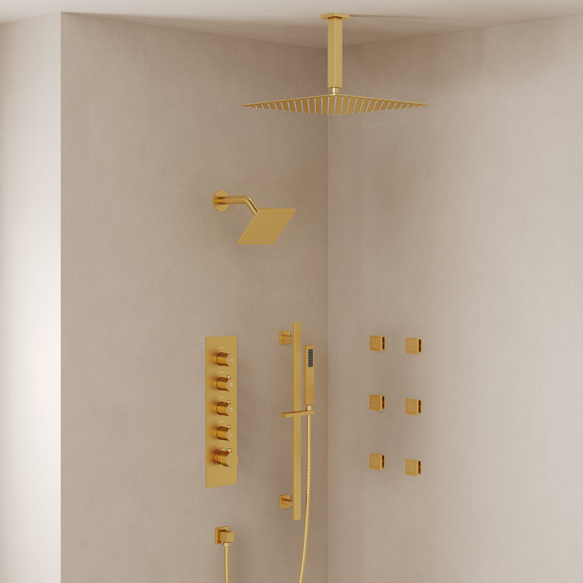 Ceiling Mount 16" High-Pressure Rainfall Shower Faucet, Dual Rainfall Shower Head System with Thermostatic Valve SFS-1031-GD16 - Brushed Glod