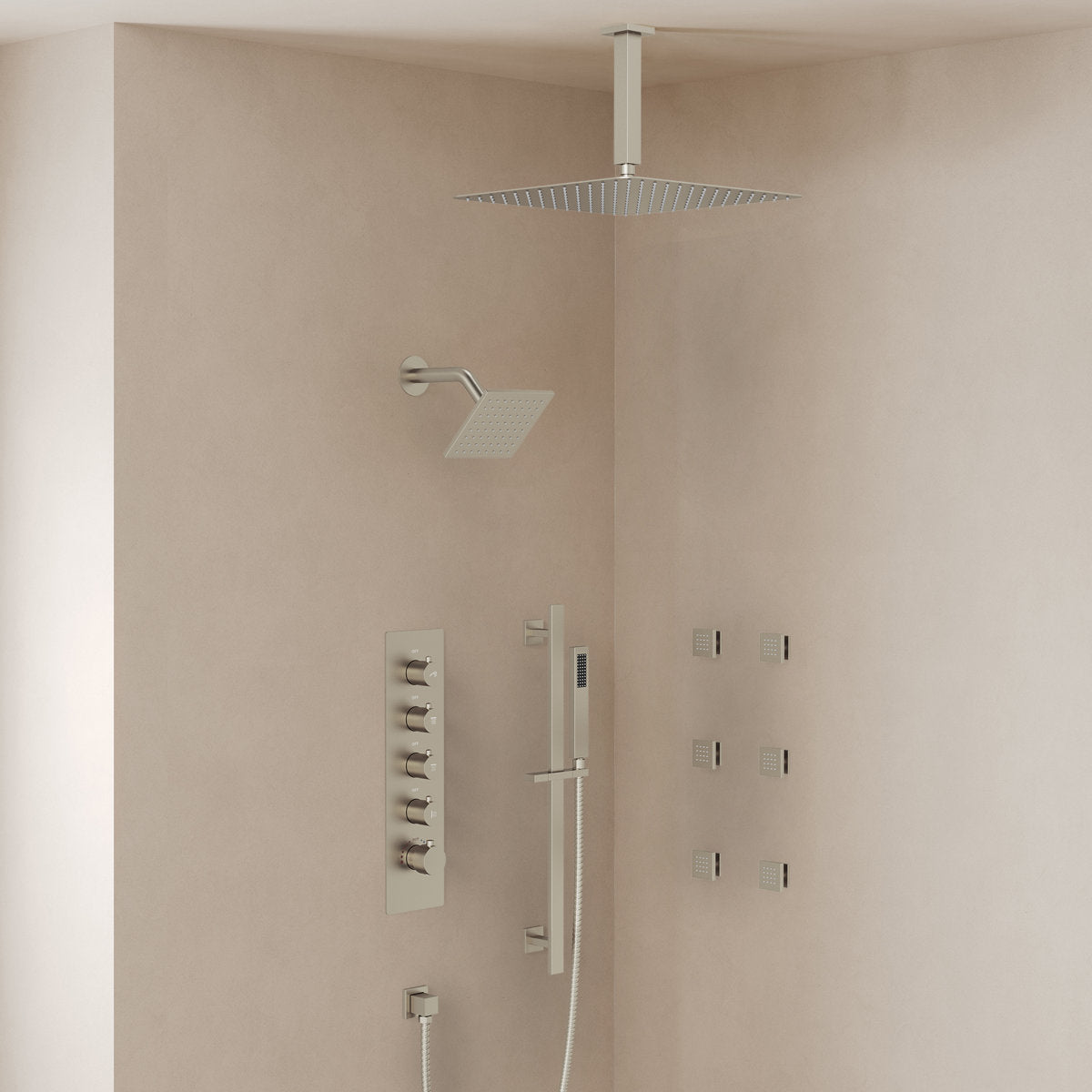Ceiling Mount 16" High-Pressure Rainfall Shower Faucet, Dual Rainfall Shower Head System with Thermostatic Valve SFS-1031-NK16 - Brushed Nickel