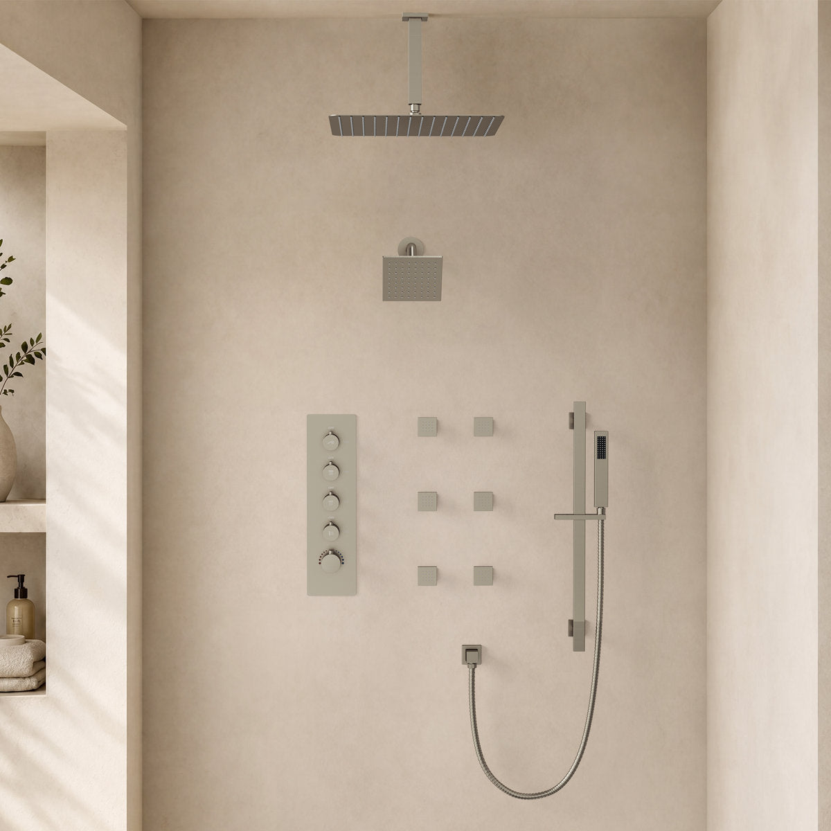 Ceiling Mount 16" High-Pressure Rainfall Shower Faucet, Dual Rainfall Shower Head System with Thermostatic Valve SFS-1031-NK16 - Brushed Nickel
