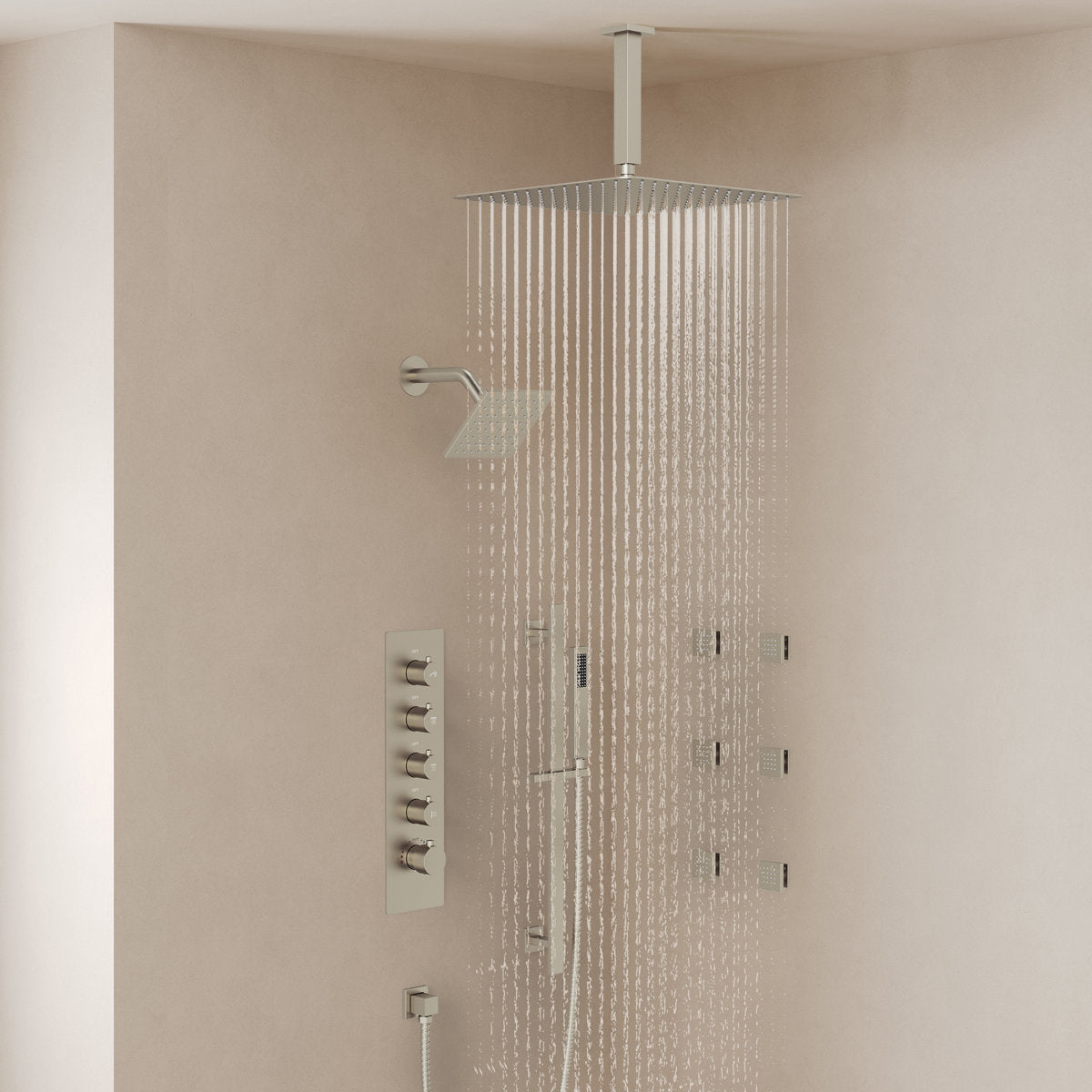 Ceiling Mount 16" High-Pressure Rainfall Shower Faucet, Dual Rainfall Shower Head System with Thermostatic Valve SFS-1031-NK16 - Brushed Nickel