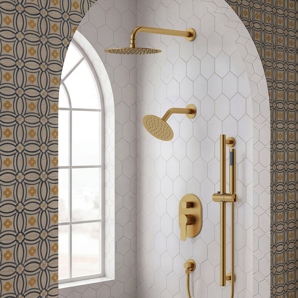 PressureBalanced Shower System, 10" Rainfall Dual Showerheads with Handheld Shower SFS-1058-GD10 - Brushed Gold