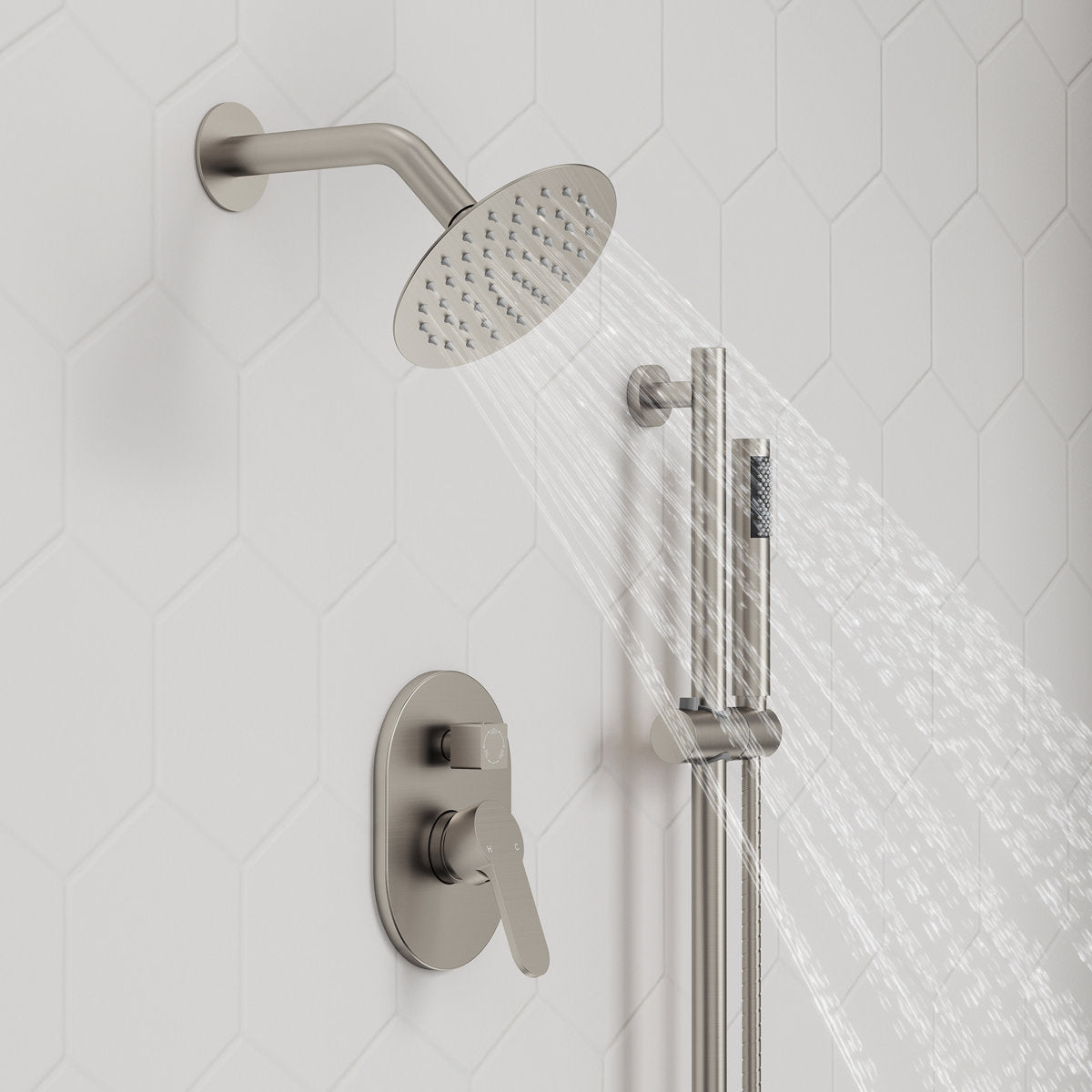 PressureBalanced Shower System, 10" Rainfall Dual Showerheads with Handheld Shower SFS-1058-NK10 - Brushed Nickel