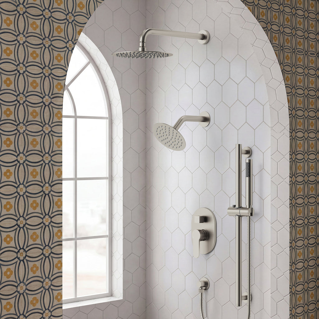 PressureBalanced Shower System, 10" Rainfall Dual Showerheads with Handheld Shower SFS-1058-NK10 - Brushed Nickel