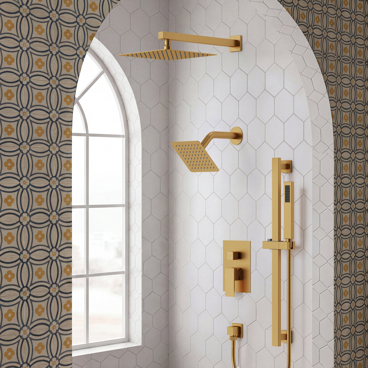 Wall Mount High-Pressure Rainfall Shower Faucet, Dual Showerheads System with Handheld Shower SFS-1059-GD10 - Brushed Gold