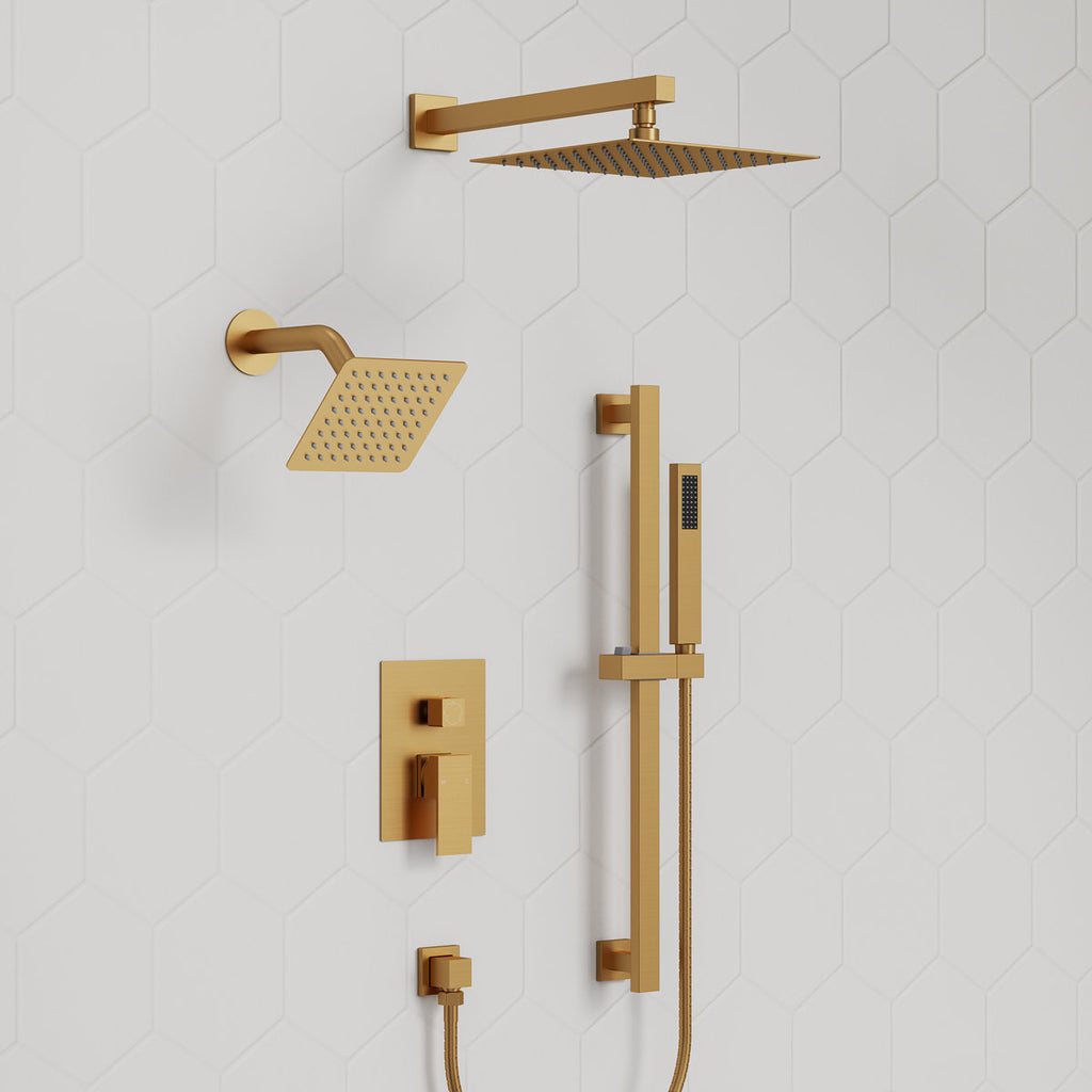 Wall Mount High-Pressure Rainfall Shower Faucet, Dual Showerheads System with Handheld Shower SFS-1059-GD10 - Brushed Gold