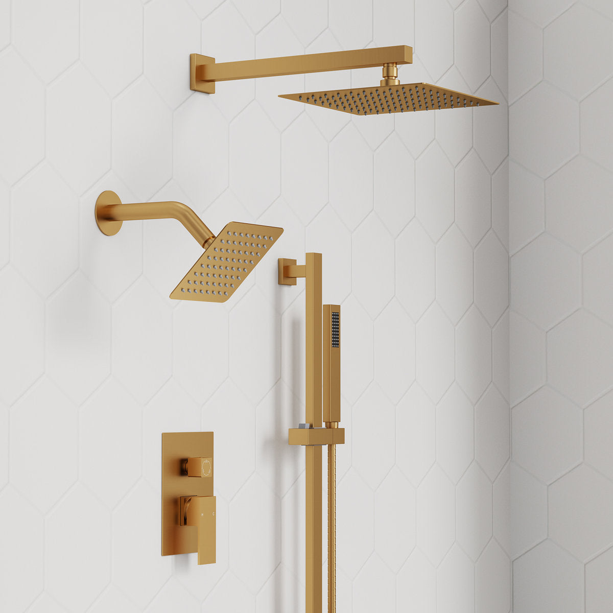 Wall Mount High-Pressure Rainfall Shower Faucet, Dual Showerheads System with Handheld Shower SFS-1059-GD10 - Brushed Gold