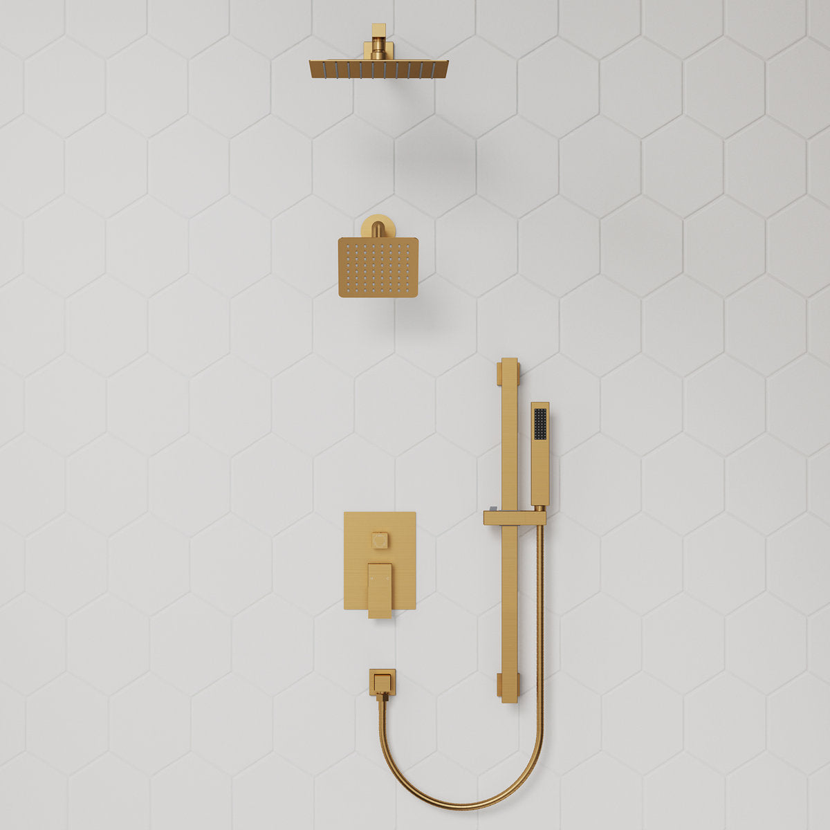 Wall Mount High-Pressure Rainfall Shower Faucet, Dual Showerheads System with Handheld Shower SFS-1059-GD10 - Brushed Gold