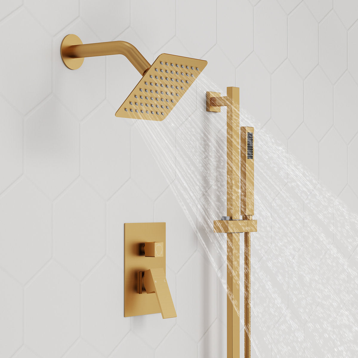 Wall Mount High-Pressure Rainfall Shower Faucet, Dual Showerheads System with Handheld Shower SFS-1059-GD10 - Brushed Gold