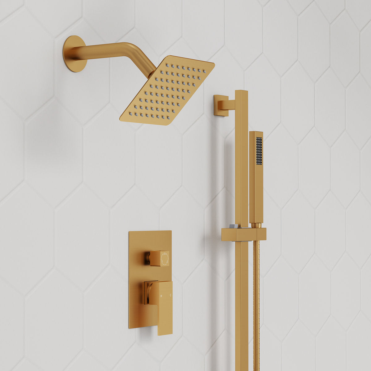 Wall Mount High-Pressure Rainfall Shower Faucet, Dual Showerheads System with Handheld Shower SFS-1059-GD10 - Brushed Gold
