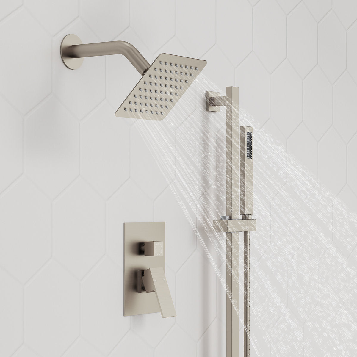 Wall Mount High-Pressure Rainfall Shower Faucet, Dual Showerheads System with Handheld Shower SFS-1059-NK10 - Brushed Nickel