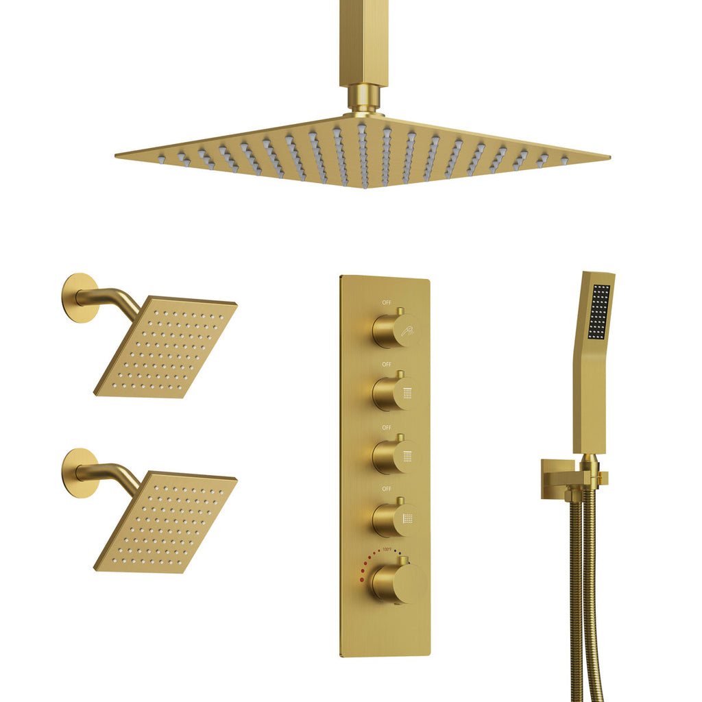 Thermostatic Shower System, Ceiling Mount 16" Rainfall Shower Faucet, 6" Wall Mount Dual Showerheads with Handheld Spray SFS-1062-GD16 - Brushed Gold