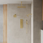 Thermostatic Shower System, Ceiling Mount 16" Rainfall Shower Faucet, 6" Wall Mount Dual Showerheads with Handheld Spray SFS-1062-GD16 - Brushed Gold