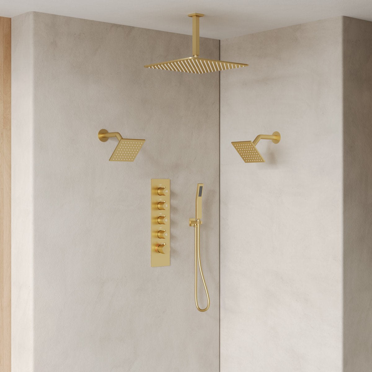 Thermostatic Shower System, Ceiling Mount 16" Rainfall Shower Faucet, 6" Wall Mount Dual Showerheads with Handheld Spray SFS-1062-GD16 - Brushed Gold