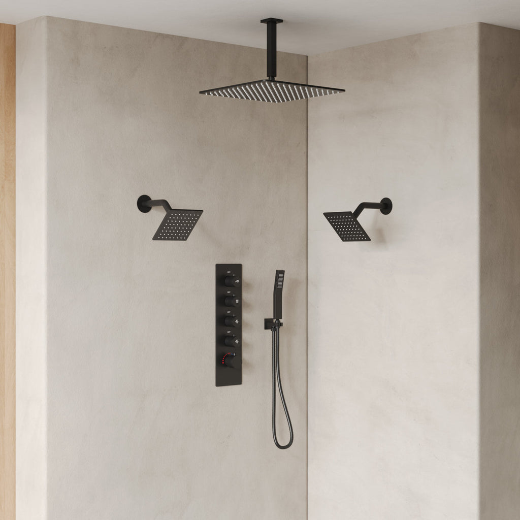 Thermostatic Shower System, Ceiling Mount 16" Rainfall Shower Faucet, 6" Wall Mount Dual Showerheads with Handheld Spray SFS-1062-BK16 - Matte Black