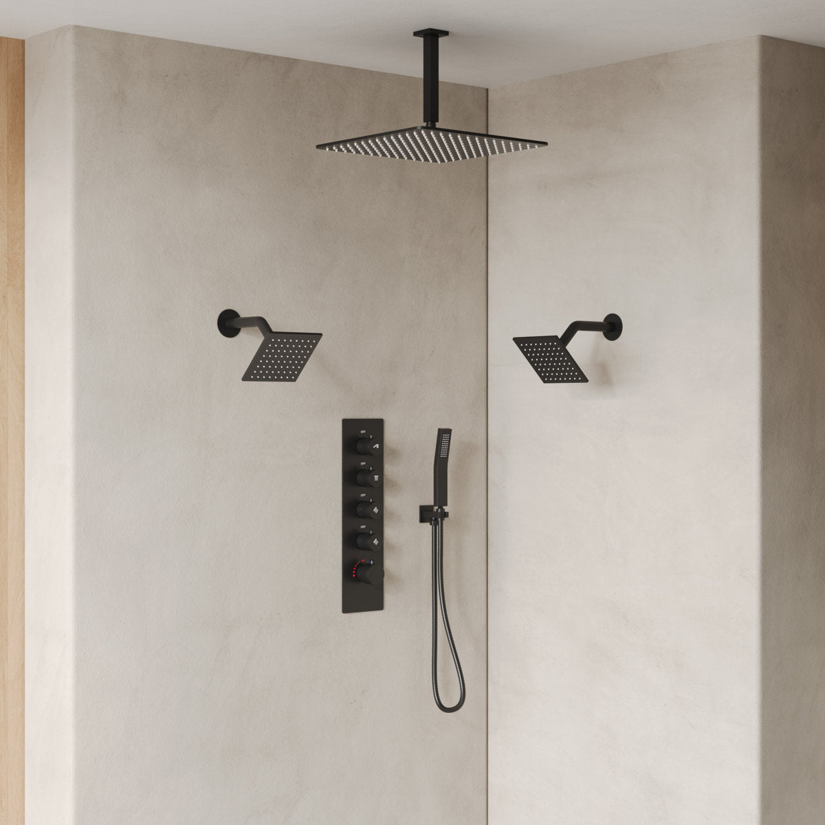 Thermostatic Shower System, Ceiling Mount 16" Rainfall Shower Faucet, 6" Wall Mount Dual Showerheads with Handheld Spray SFS-1062-BK16 - Matte Black