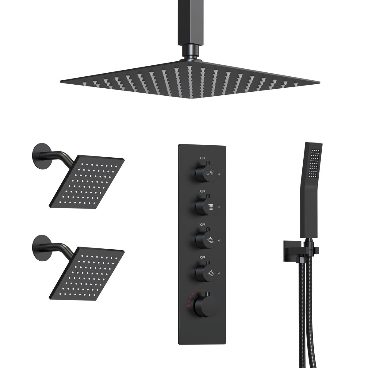 Thermostatic Shower System, Ceiling Mount 16" Rainfall Shower Faucet, 6" Wall Mount Dual Showerheads with Handheld Spray SFS-1062-BK16 - Matte Black