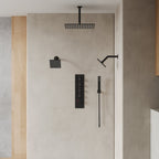 Thermostatic Shower System, Ceiling Mount 16" Rainfall Shower Faucet, 6" Wall Mount Dual Showerheads with Handheld Spray SFS-1062-BK16 - Matte Black