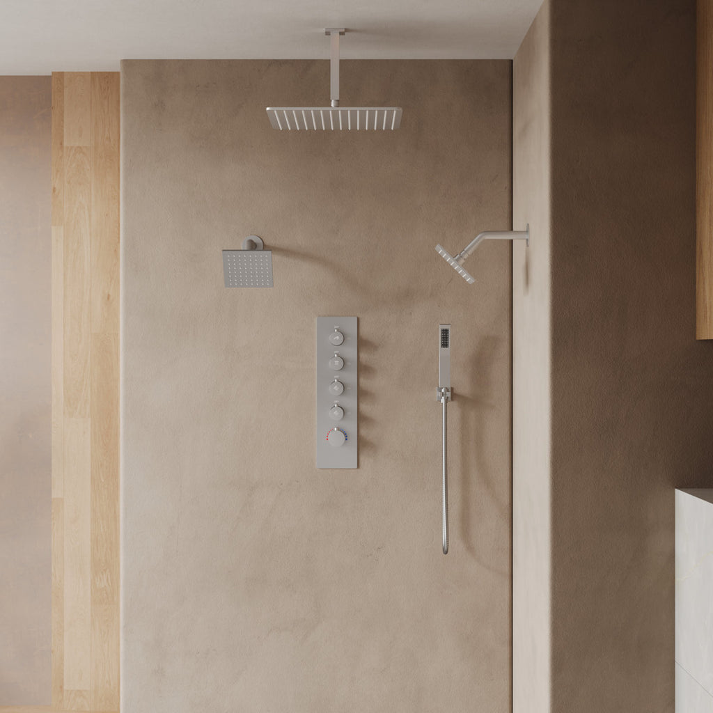 Thermostatic Shower System, Ceiling Mount 16" Rainfall Shower Faucet, 6" Wall Mount Dual Showerheads with Handheld Spray SFS-1062-NK16 - Brushed Nickel