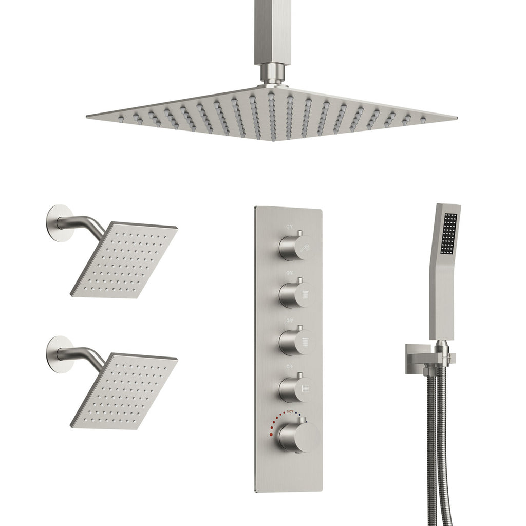 Thermostatic Shower System, Ceiling Mount 16" Rainfall Shower Faucet, 6" Wall Mount Dual Showerheads with Handheld Spray SFS-1062-NK16 - Brushed Nickel