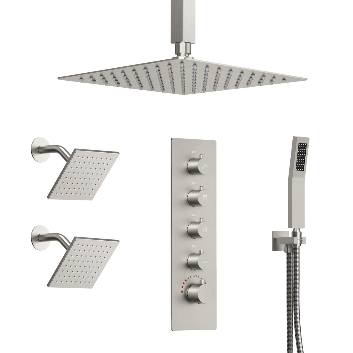Thermostatic Shower System, Ceiling Mount 16" Rainfall Shower Faucet, 6" Wall Mount Dual Showerheads with Handheld Spray SFS-1062-NK16 - Brushed Nickel