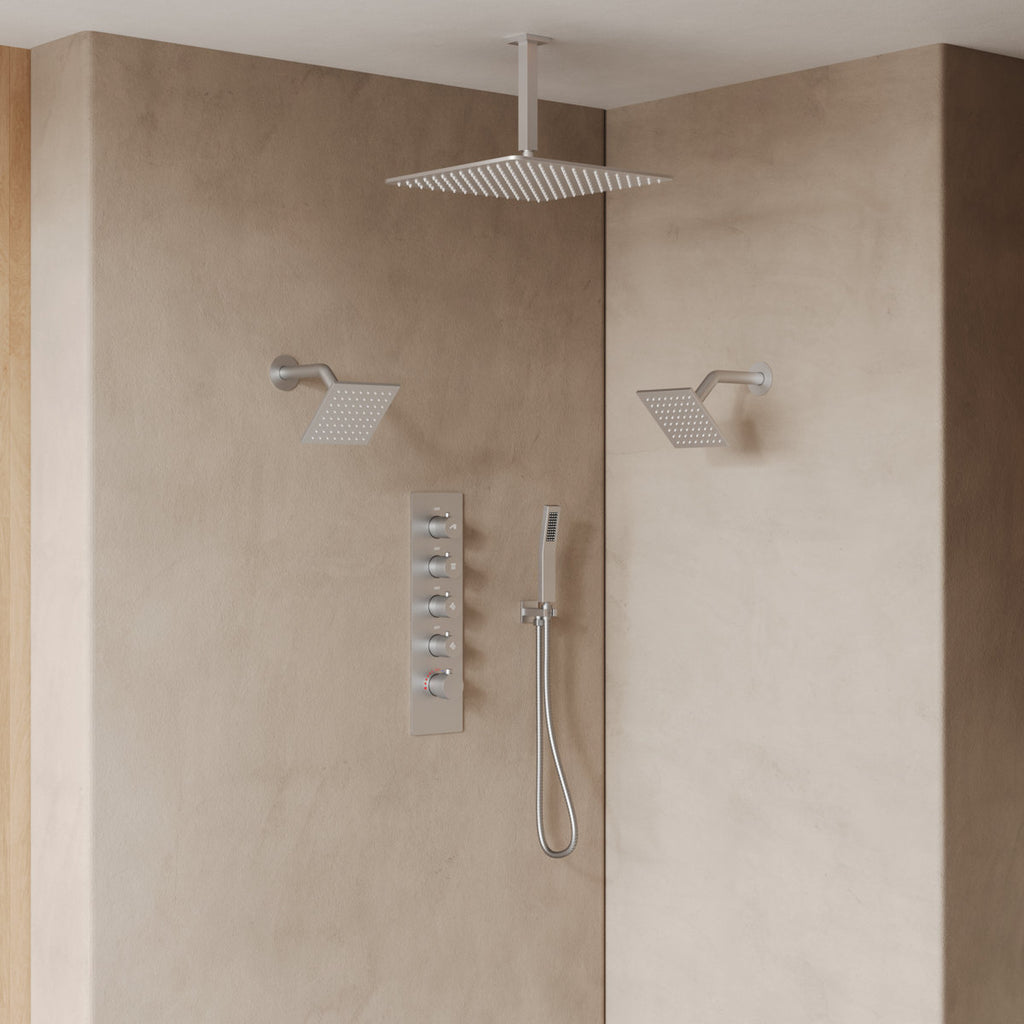 Thermostatic Shower System, Ceiling Mount 16" Rainfall Shower Faucet, 6" Wall Mount Dual Showerheads with Handheld Spray SFS-1062-NK16 - Brushed Nickel