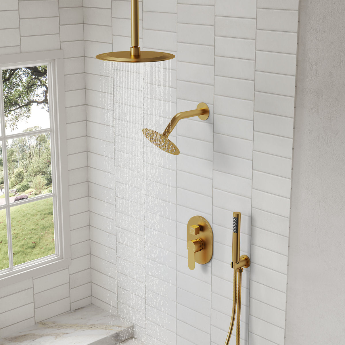 Ceiling Mount High-Pressure Rainfall Shower Faucet, Dual Showerheads System with Rough-in Valve, Handheld Shower SFS-1057-GD10 - Brushed Gold