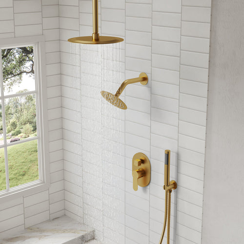 Ceiling Mount High-Pressure Rainfall Shower Faucet, Dual Showerheads System with Rough-in Valve, Handheld Shower SFS-1057-GD10 - Brushed Gold