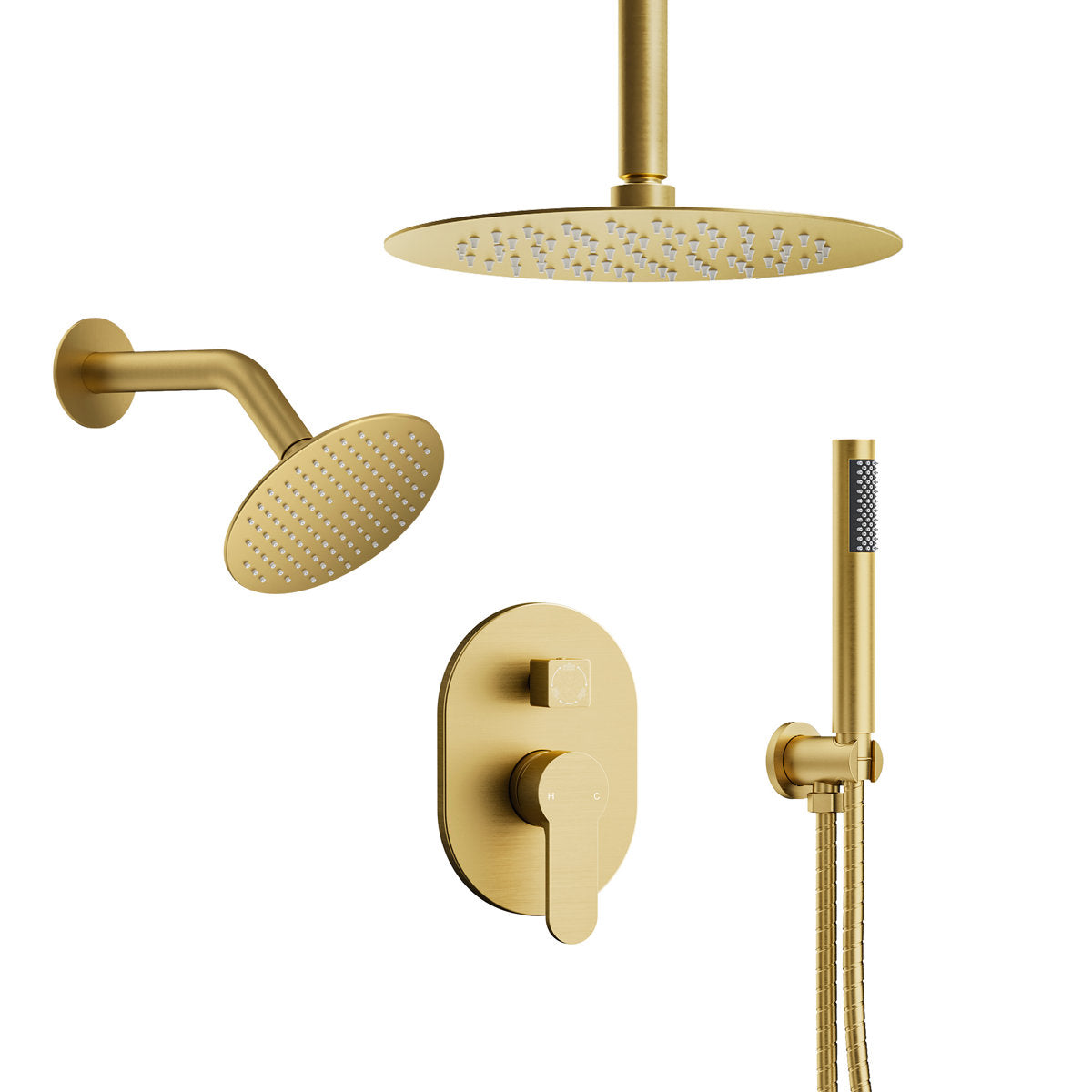 Ceiling Mount High-Pressure Rainfall Shower Faucet, Dual Showerheads System with Rough-in Valve, Handheld Shower SFS-1057-GD10 - Brushed Gold