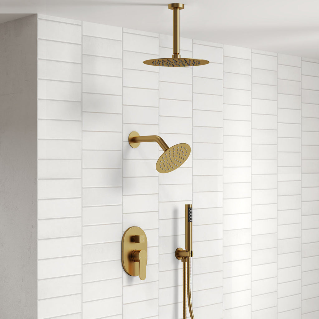 Ceiling Mount High-Pressure Rainfall Shower Faucet, Dual Showerheads System with Rough-in Valve, Handheld Shower SFS-1057-GD10 - Brushed Gold