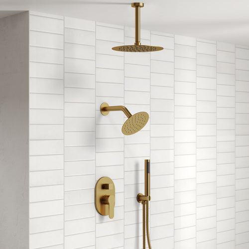Ceiling Mount High-Pressure Rainfall Shower Faucet, Dual Showerheads System with Rough-in Valve, Handheld Shower SFS-1057-GD10 - Brushed Gold