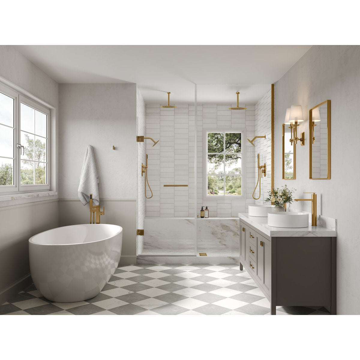 Ceiling Mount High-Pressure Rainfall Shower Faucet, Dual Showerheads System with Rough-in Valve, Handheld Shower SFS-1057-GD10 - Brushed Gold
