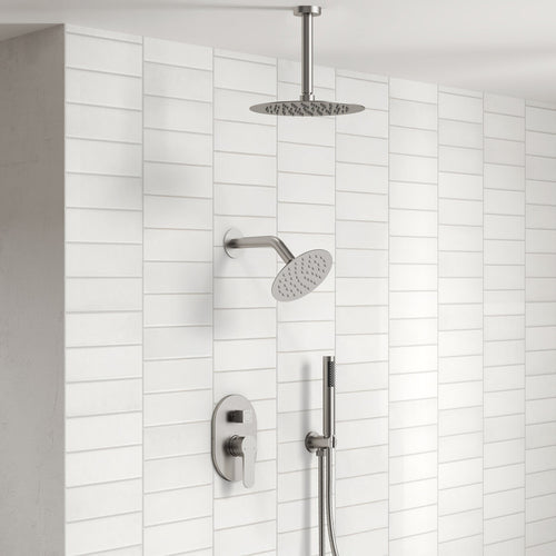 Ceiling Mount High-Pressure Rainfall Shower Faucet, Dual Showerheads System with Rough-in Valve, Handheld Shower SFS-1057-NK10 - Brushed Nickel