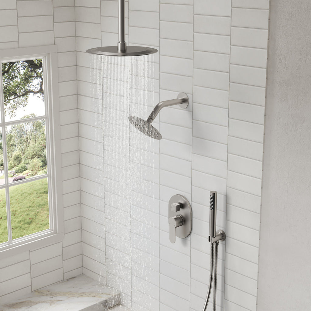 Ceiling Mount High-Pressure Rainfall Shower Faucet, Dual Showerheads System with Rough-in Valve, Handheld Shower SFS-1057-NK10 - Brushed Nickel