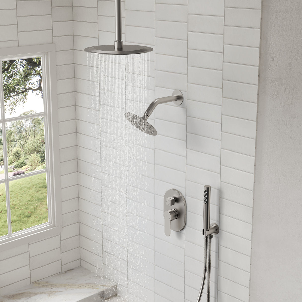 Ceiling Mount High-Pressure Rainfall Shower Faucet, Dual Showerheads System with Rough-in Valve, Handheld Shower SFS-1057-NK10 - Brushed Nickel