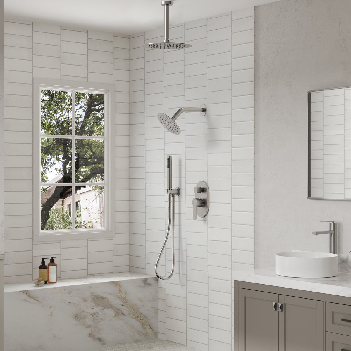 Ceiling Mount High-Pressure Rainfall Shower Faucet, Dual Showerheads System with Rough-in Valve, Handheld Shower SFS-1057-NK10 - Brushed Nickel