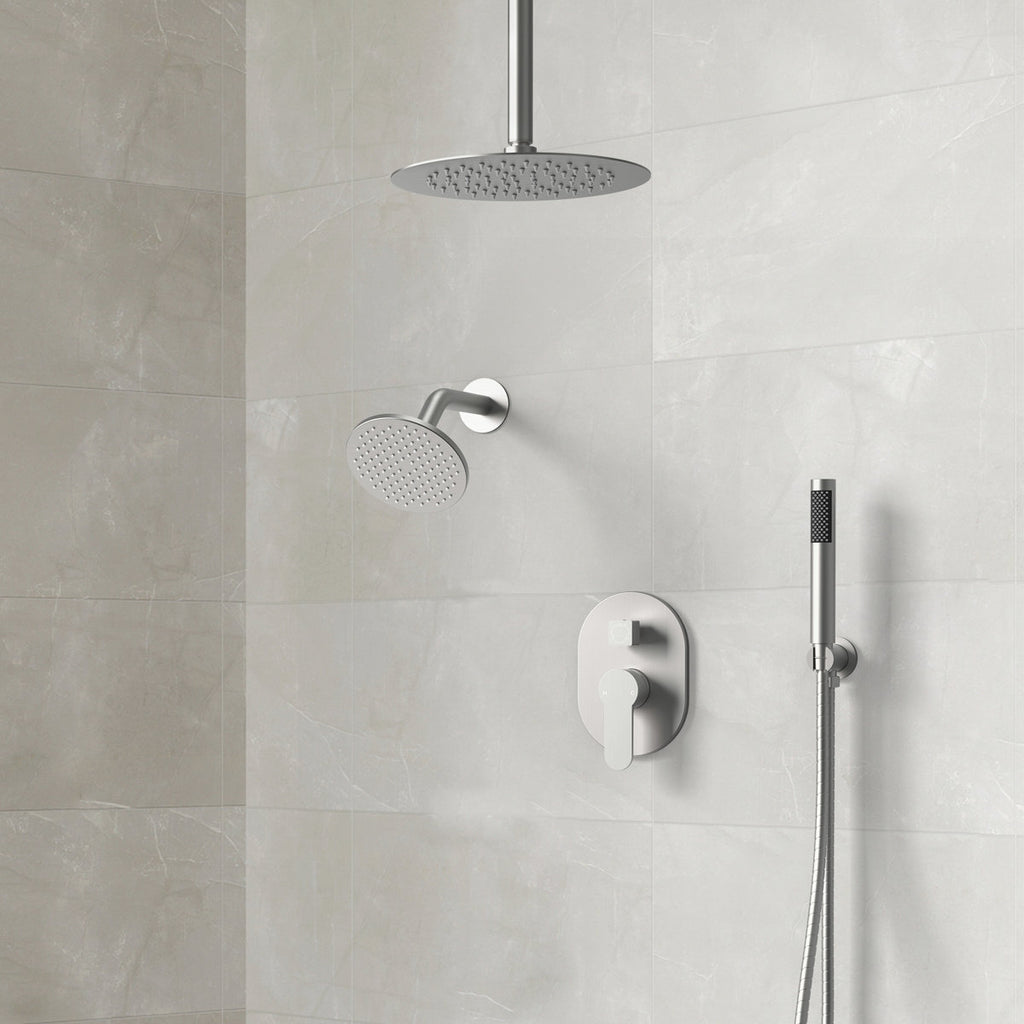 Ceiling Mount High-Pressure Rainfall Shower Faucet, Dual Showerheads System with Rough-in Valve, Handheld Shower SFS-1057-NK10 - Brushed Nickel