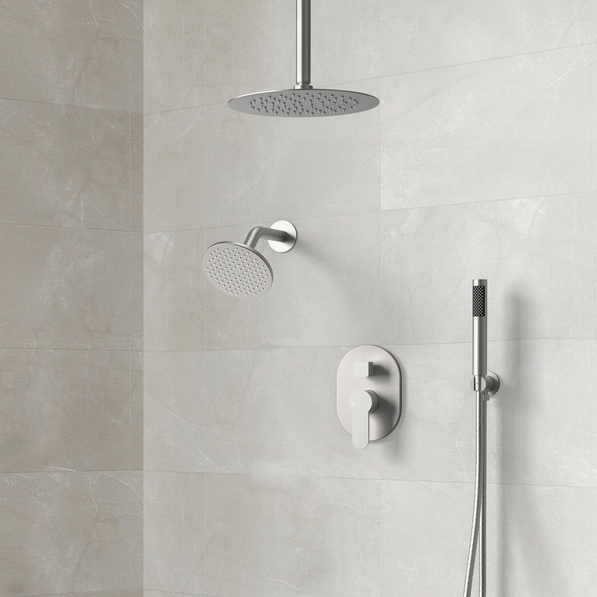 Ceiling Mount High-Pressure Rainfall Shower Faucet, Dual Showerheads System with Rough-in Valve, Handheld Shower SFS-1057-NK10 - Brushed Nickel