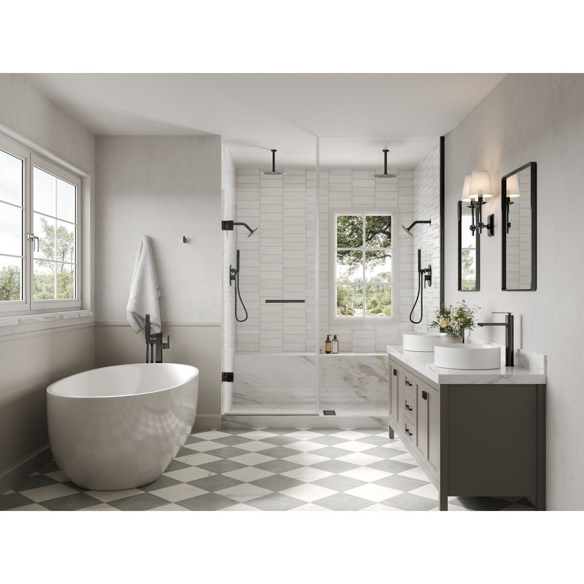 Ceiling Mount High-Pressure Rainfall Shower Faucet, Dual Showerheads System with Rough-in Valve, Handheld Shower SFS-1057-BK10 - Matte Black