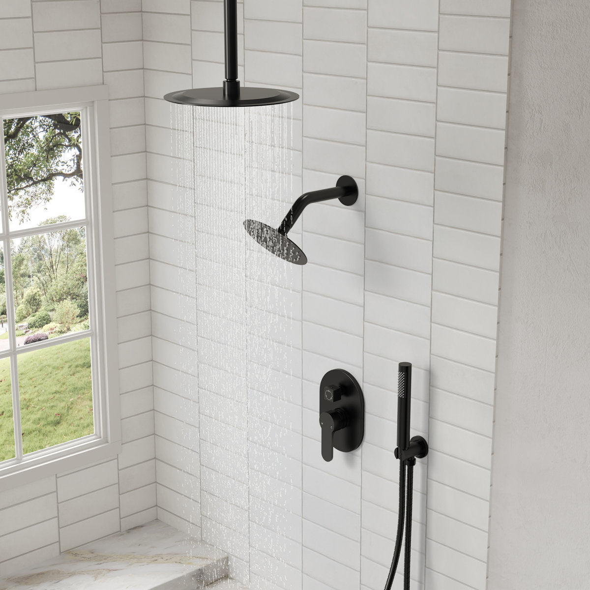 Ceiling Mount High-Pressure Rainfall Shower Faucet, Dual Showerheads System with Rough-in Valve, Handheld Shower SFS-1057-BK10 - Matte Black