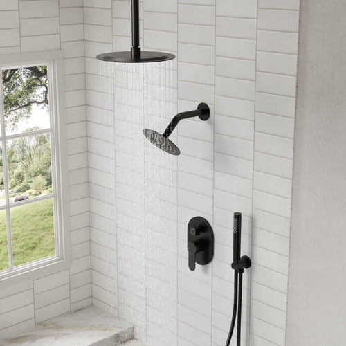 Ceiling Mount High-Pressure Rainfall Shower Faucet, Dual Showerheads System with Rough-in Valve, Handheld Shower SFS-1057-BK10 - Matte Black