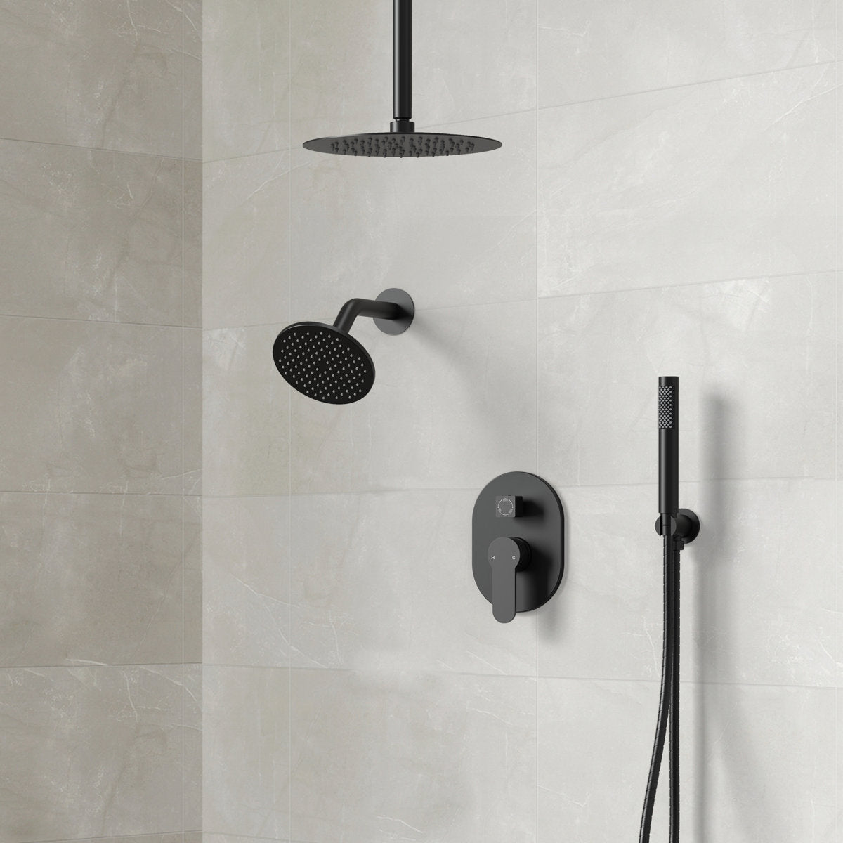 Ceiling Mount High-Pressure Rainfall Shower Faucet, Dual Showerheads System with Rough-in Valve, Handheld Shower SFS-1057-BK10 - Matte Black