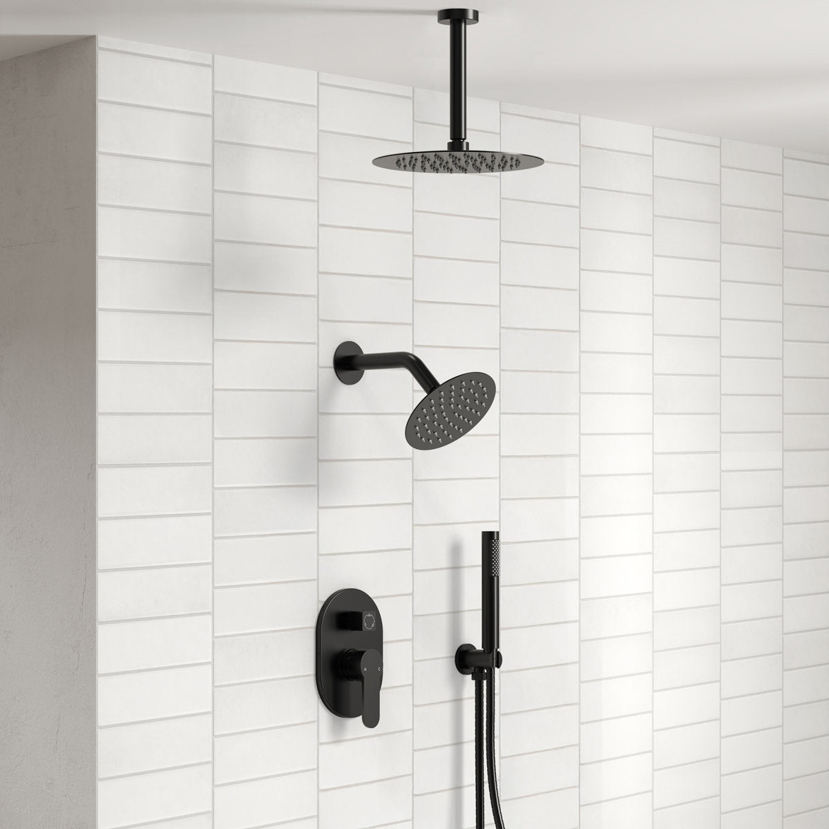 Ceiling Mount High-Pressure Rainfall Shower Faucet, Dual Showerheads System with Rough-in Valve, Handheld Shower SFS-1057-BK10 - Matte Black