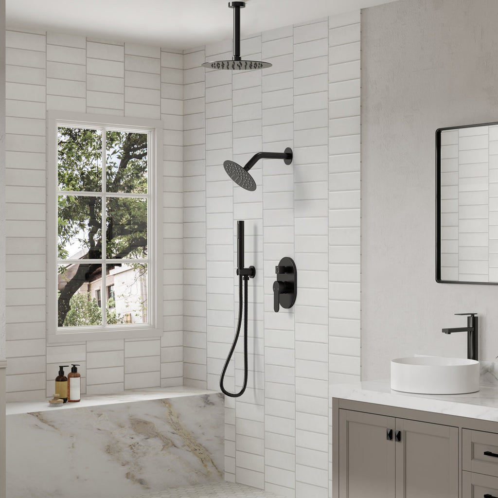 Ceiling Mount High-Pressure Rainfall Shower Faucet, Dual Showerheads System with Rough-in Valve, Handheld Shower SFS-1057-BK10 - Matte Black