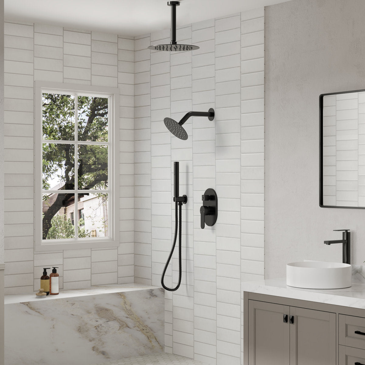 Ceiling Mount High-Pressure Rainfall Shower Faucet, Dual Showerheads System with Rough-in Valve, Handheld Shower SFS-1057-BK10 - Matte Black