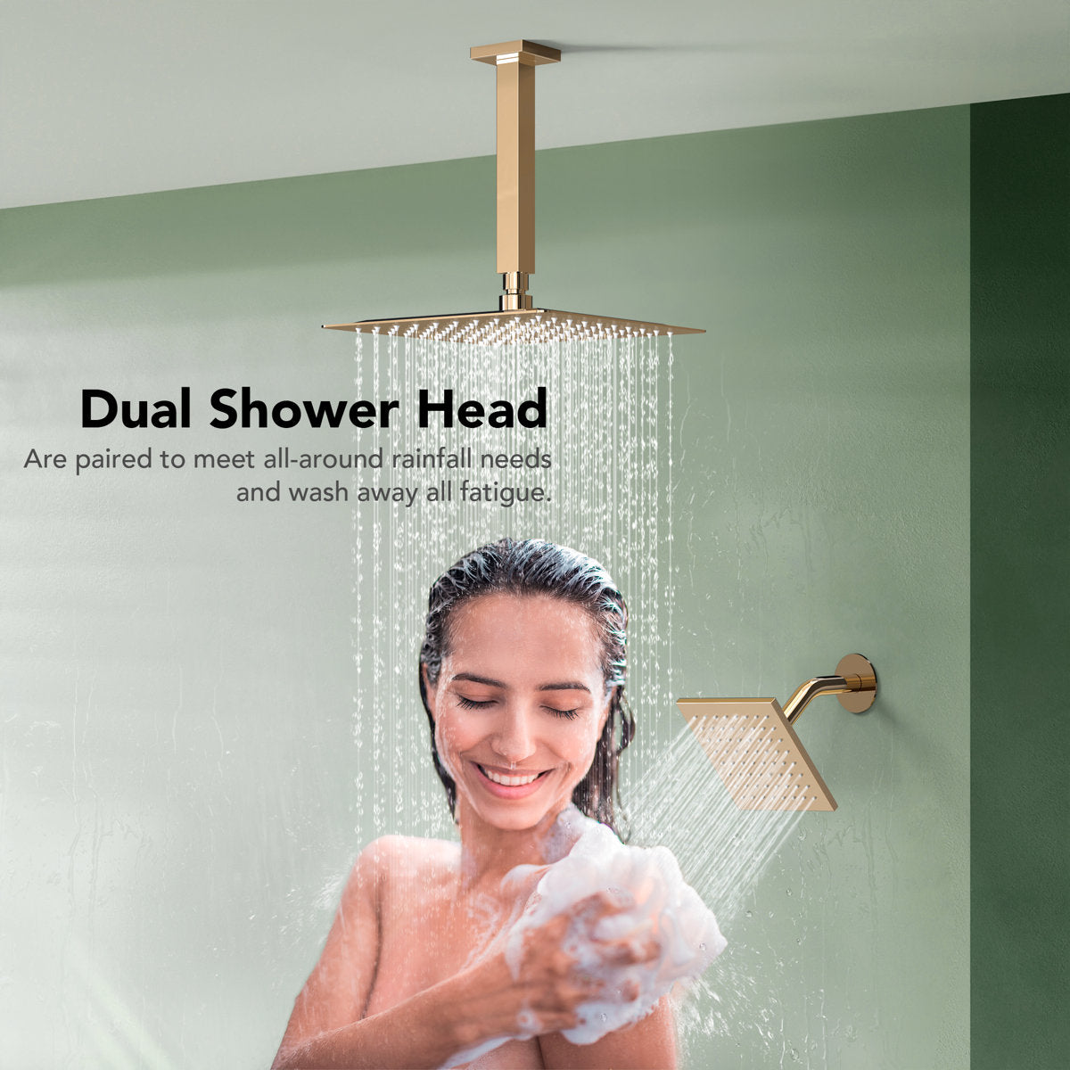Ceiling Mount 12" High-Pressure Rainfall Shower Faucet, Dual Rainfall Shower Head System with Thermostatic Valve SFS1007-GM12 - Rose Gold