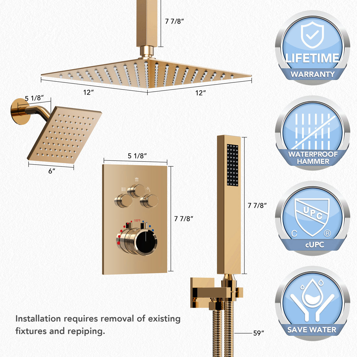 Ceiling Mount 12" High-Pressure Rainfall Shower Faucet, Dual Rainfall Shower Head System with Thermostatic Valve SFS1007-GM12 - Rose Gold